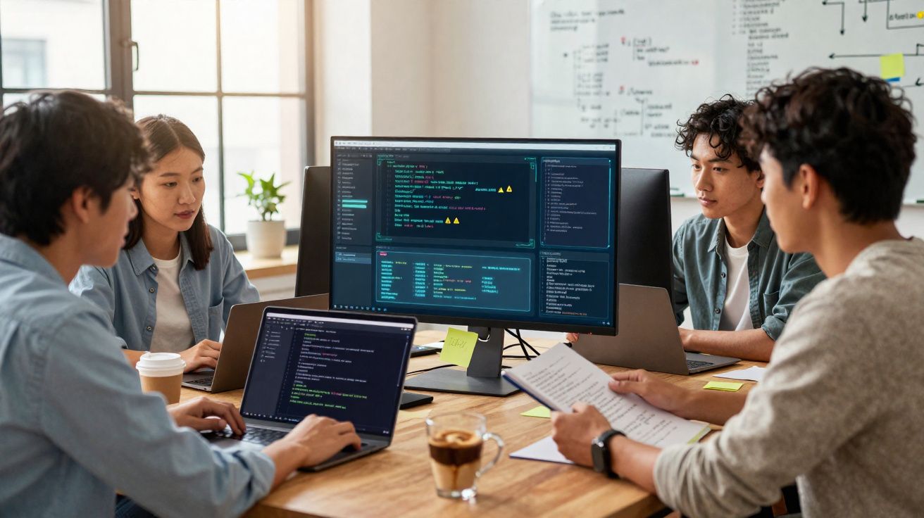 Quatro jovens trabalham juntos com computadores e código em uma sala de escritório moderna e iluminada.