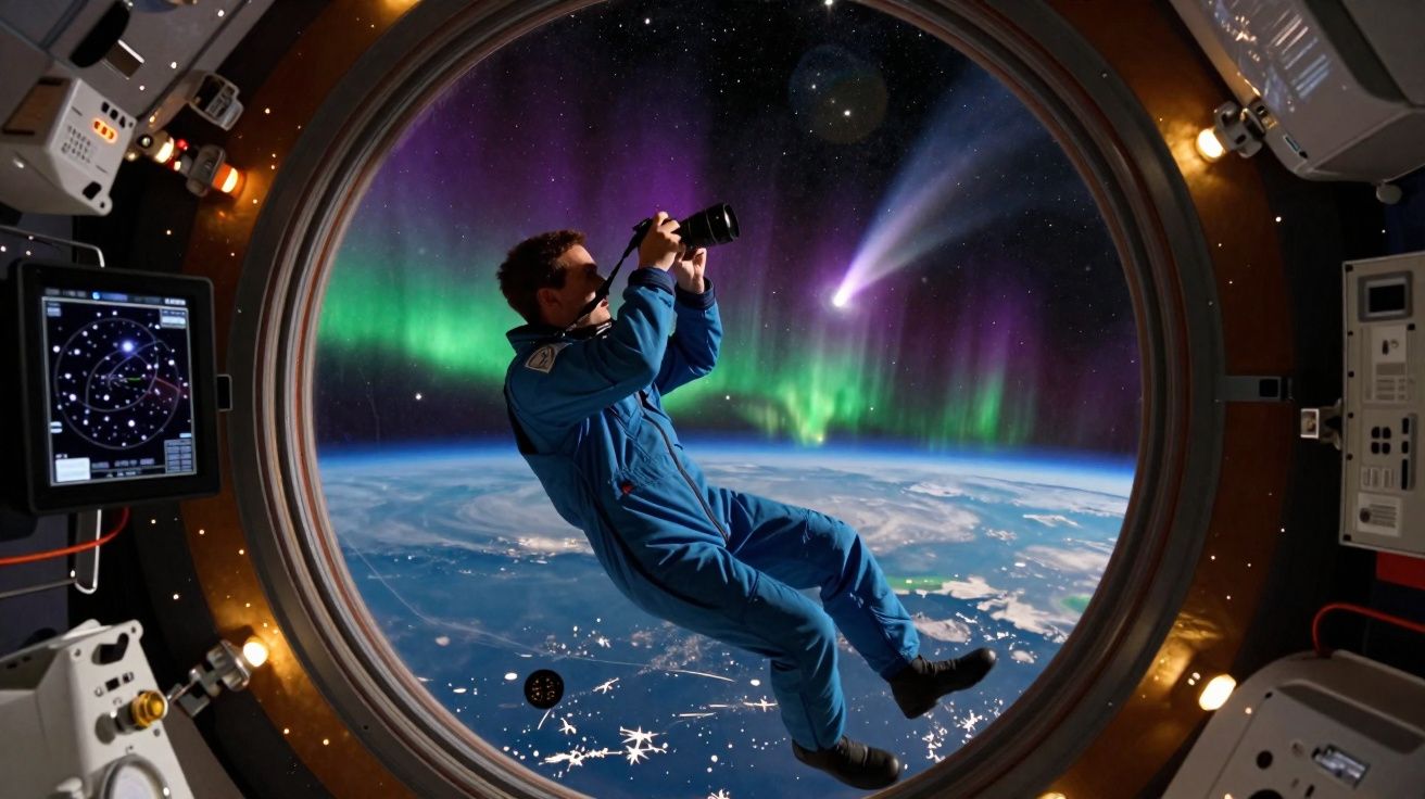 Astronauta flutuando no espaço fotografando aurora boreal vista pela janela da estação espacial.