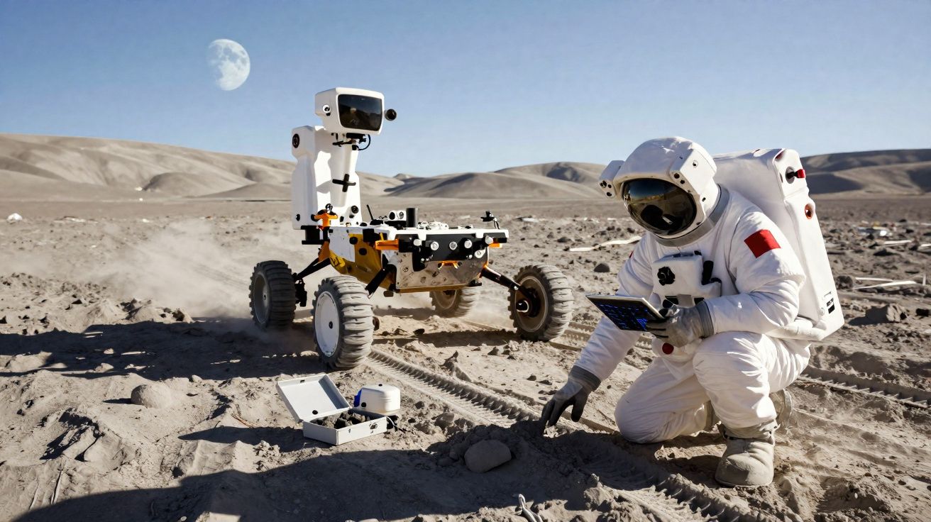 Astronauta com traje espacial estudando solo lunar próximo a rover robótico e lua visível ao fundo.