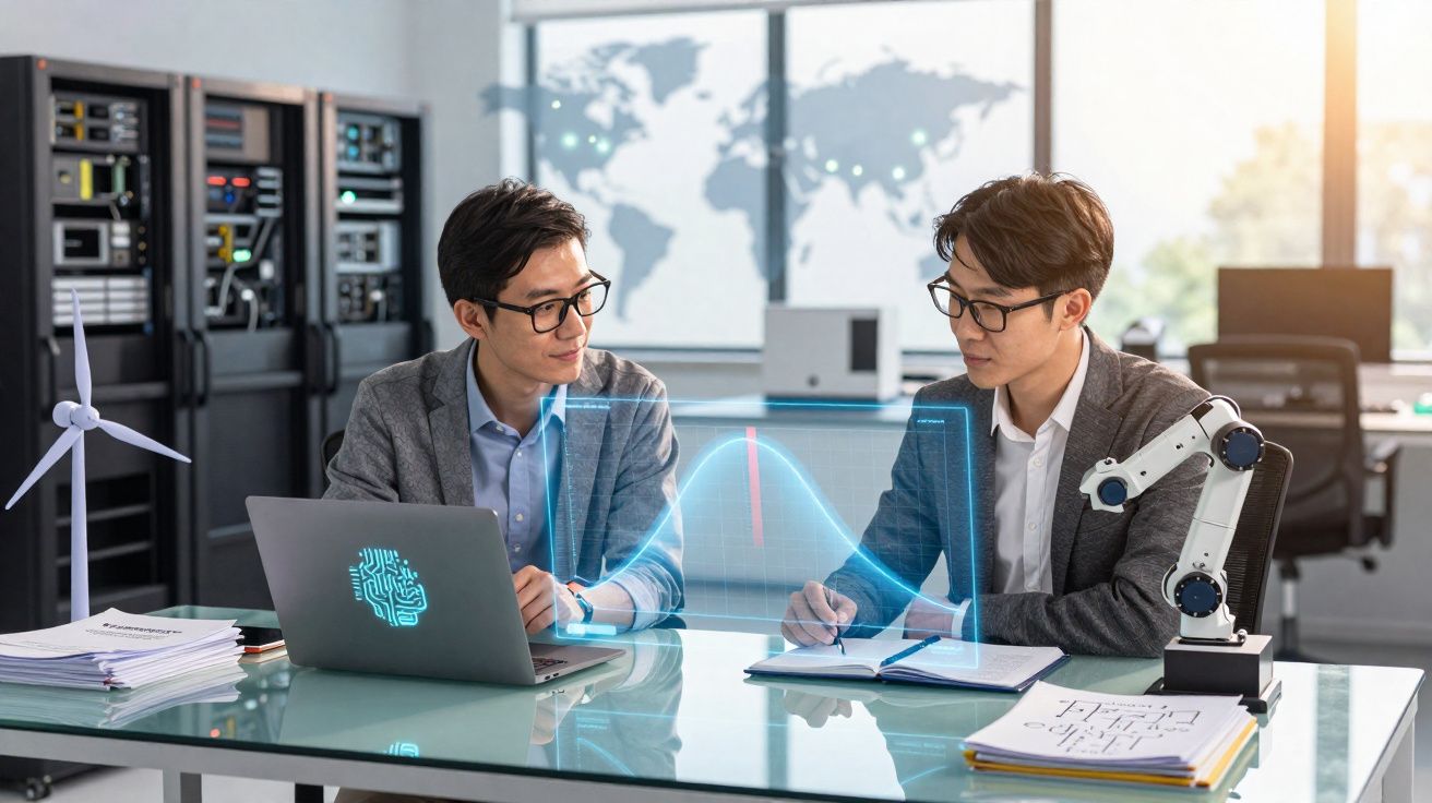 Dois engenheiros analisando dados holográficos em escritório com laptop, robô e miniatura de turbina eólica.