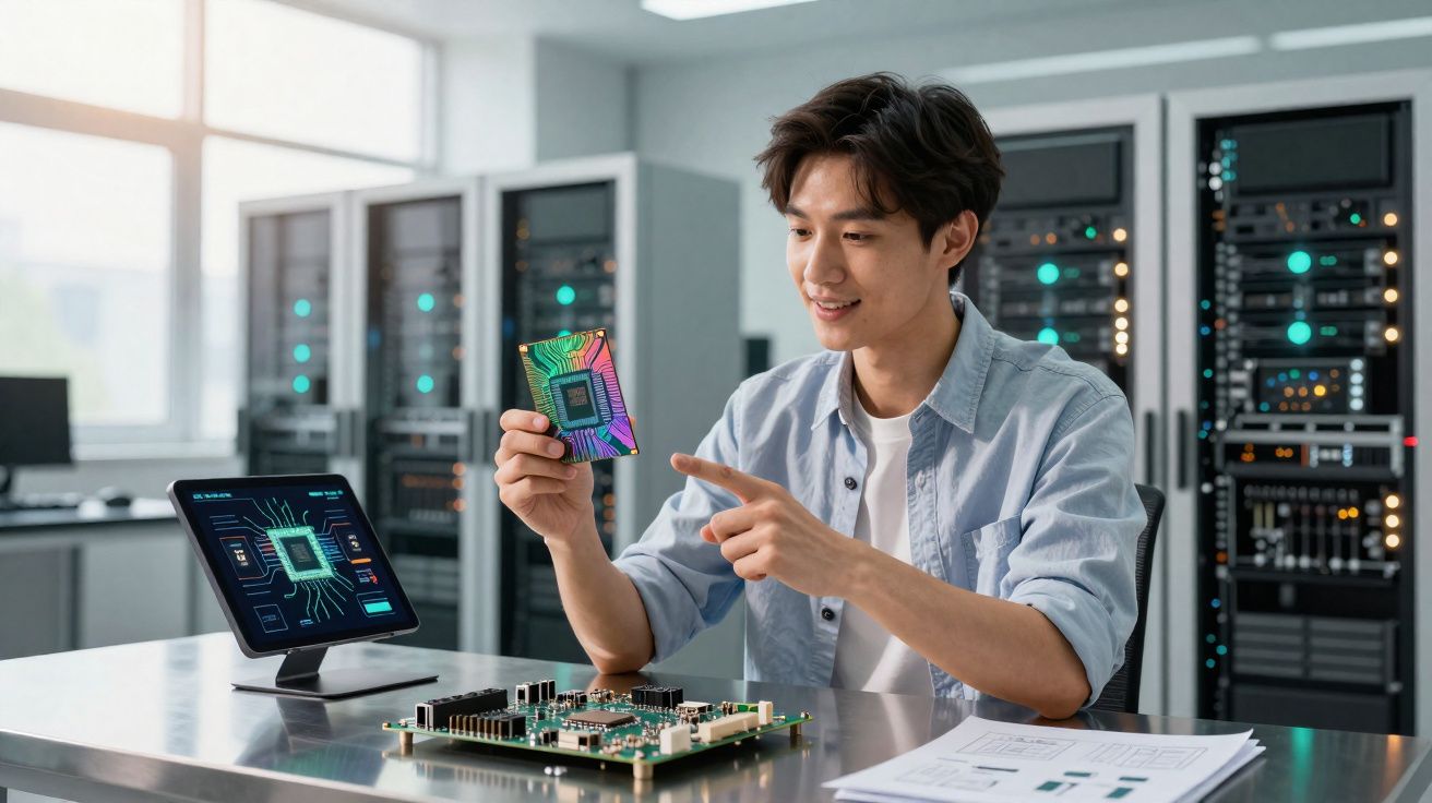 Jovem em laboratório de tecnologia segurando chip e analisando placa-mãe com tela digital ao lado.