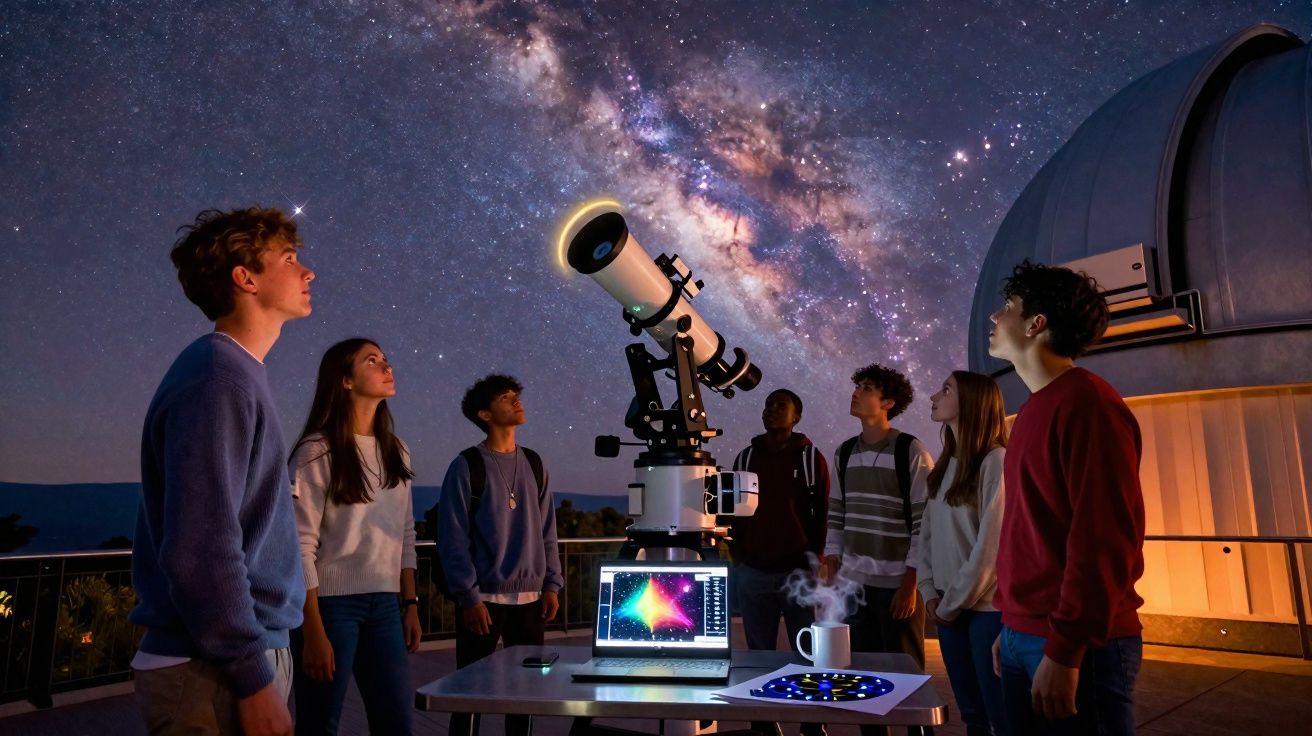 Grupo de jovens observando o céu estrelado com telescópio em observatório à noite.