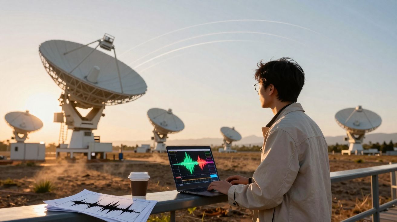 Pessoa com laptop analisando dados perto de antenas parabólicas em campo aberto ao pôr do sol.