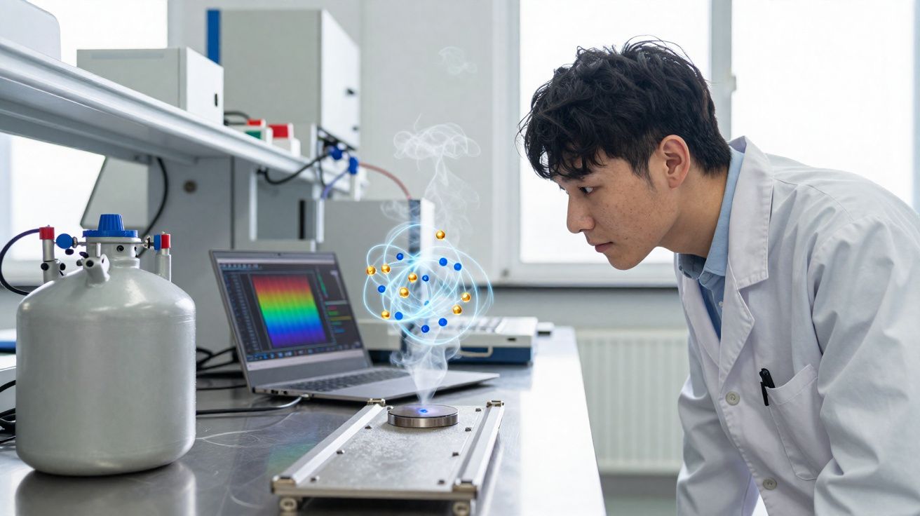 Cientista em laboratório observa modelo 3D digital de molécula brilhante e fumegante em bancada.