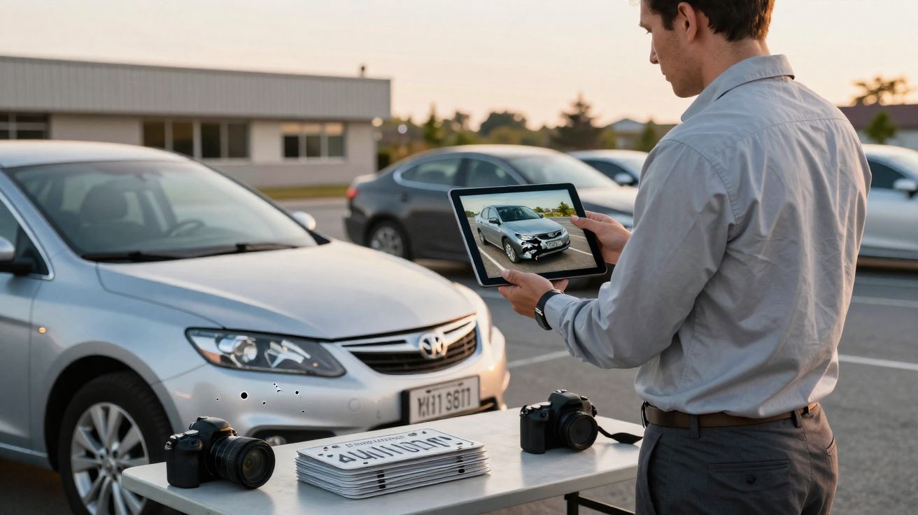 Homem segurando tablet fotografando carro prata estacionado em estacionamento com câmeras e placas de carro na mesa.