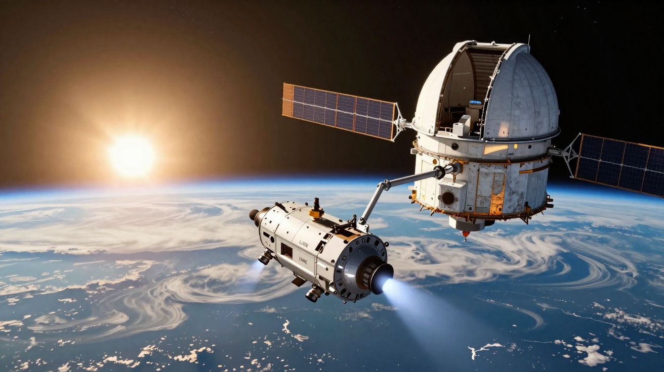 Nave espacial com painéis solares se aproxima de módulo orbital acima da Terra com o Sol ao fundo.