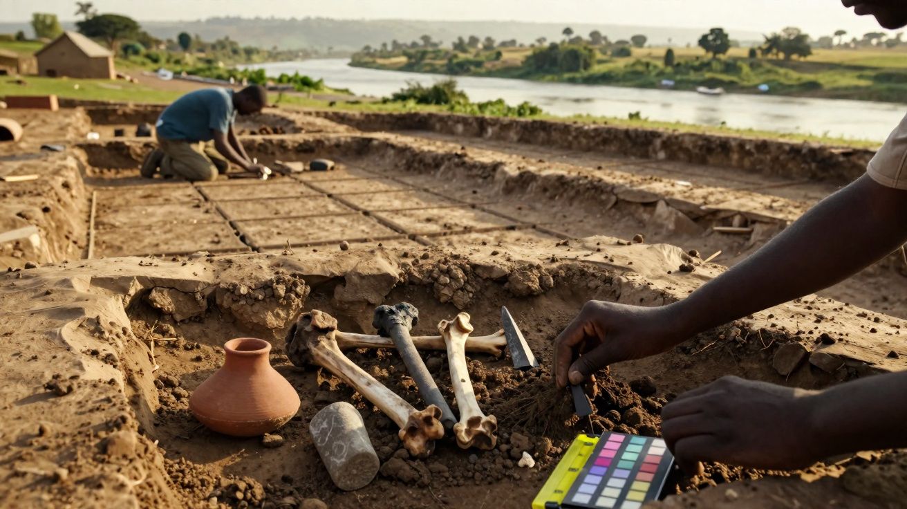 Escavação arqueológica com ossos humanos e objetos próximo a rio em área rural ao entardecer.