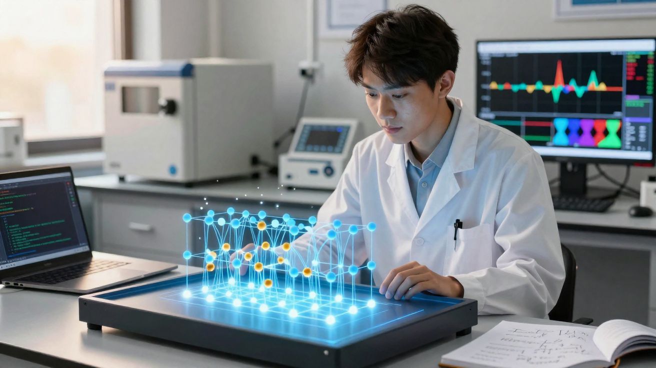 Cientista em laboratório interage com modelo holográfico de estrutura molecular em mesa digitalizadora.