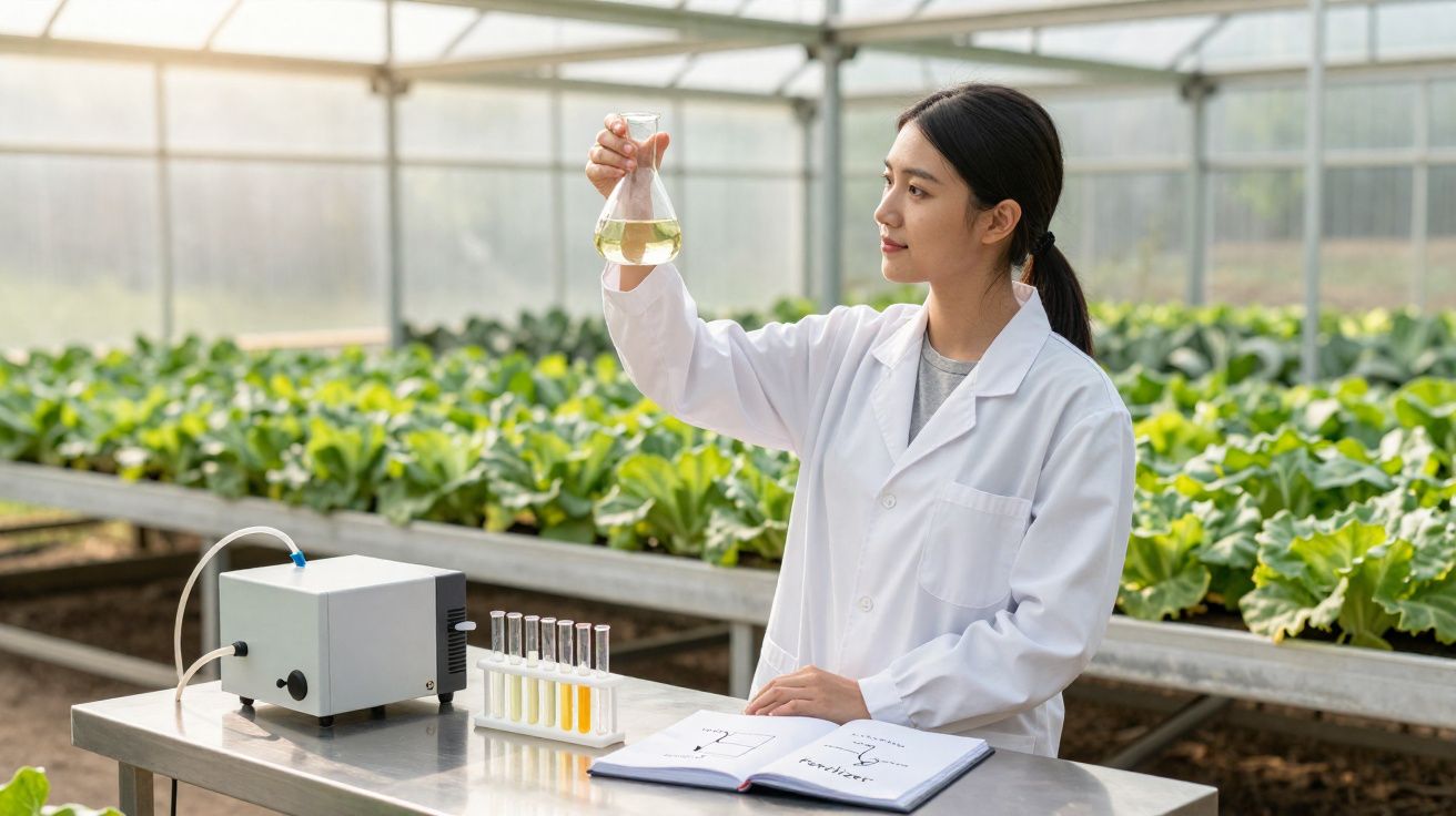 Mulher cientista em jaleco analisa líquido em frasco dentro de estufa com plantas ao fundo.