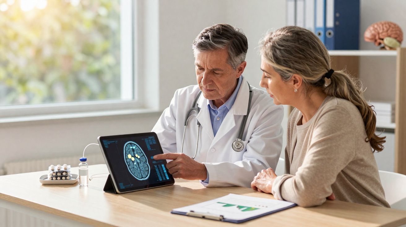 Médico mostrando exame cerebral em tablet para paciente em consulta em consultório iluminado.