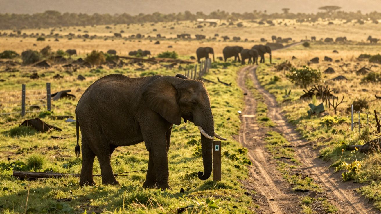 Elefante parado ao lado de estrada de terra com outros elefantes ao fundo em savana ao entardecer.