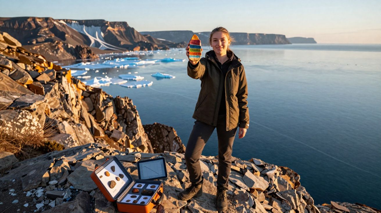 Mulher em penhasco rochoso segura pedaço colorido de gelo com icebergues e mar ao fundo.