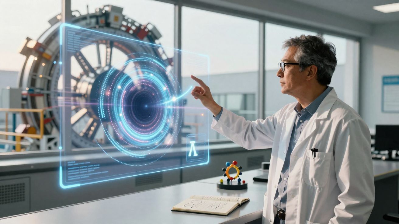 Cientista em laboratório interage com painel holográfico azul com elementos de tecnologia avançada.