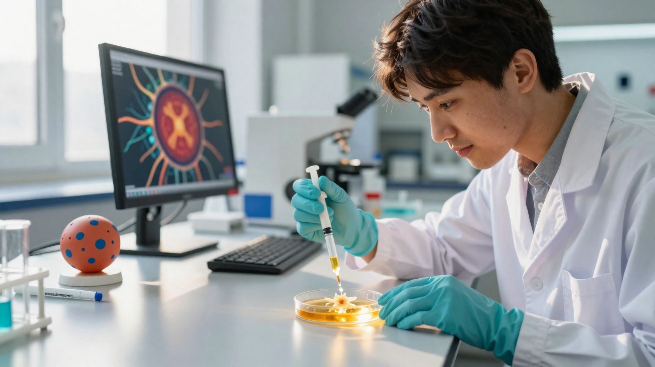 Cientista com jaleco e luvas manipulando amostra em placa de Petri em laboratório moderno.