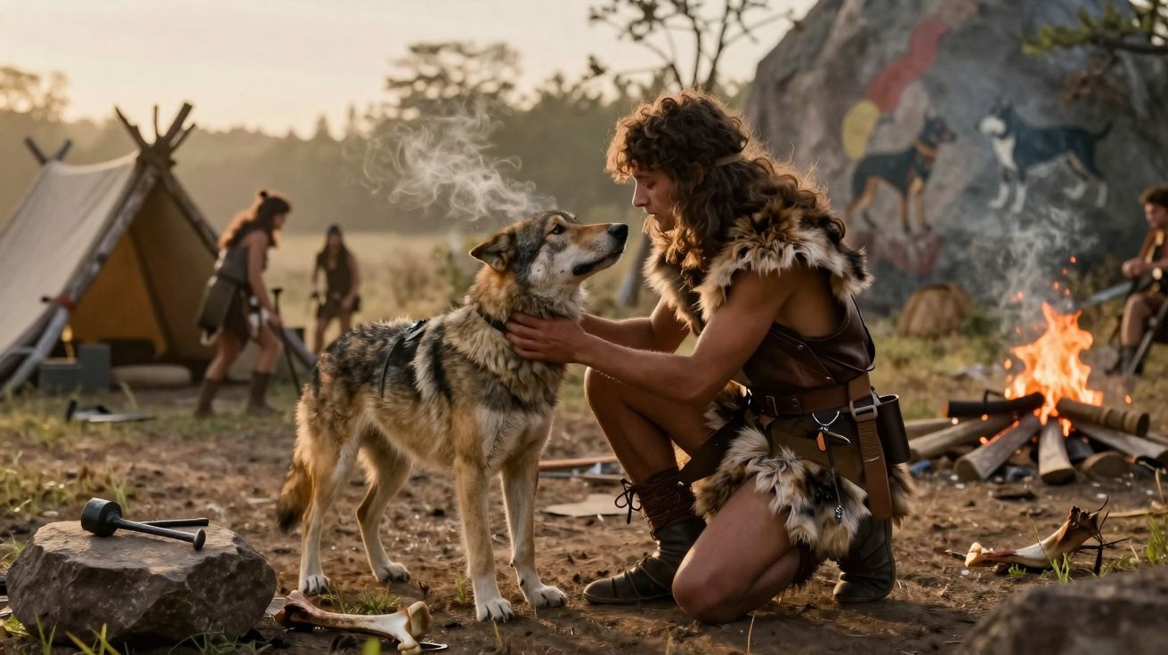 Homem pré-histórico ajoelhado acaricia lobo próximo a fogueira em acampamento ao ar livre.