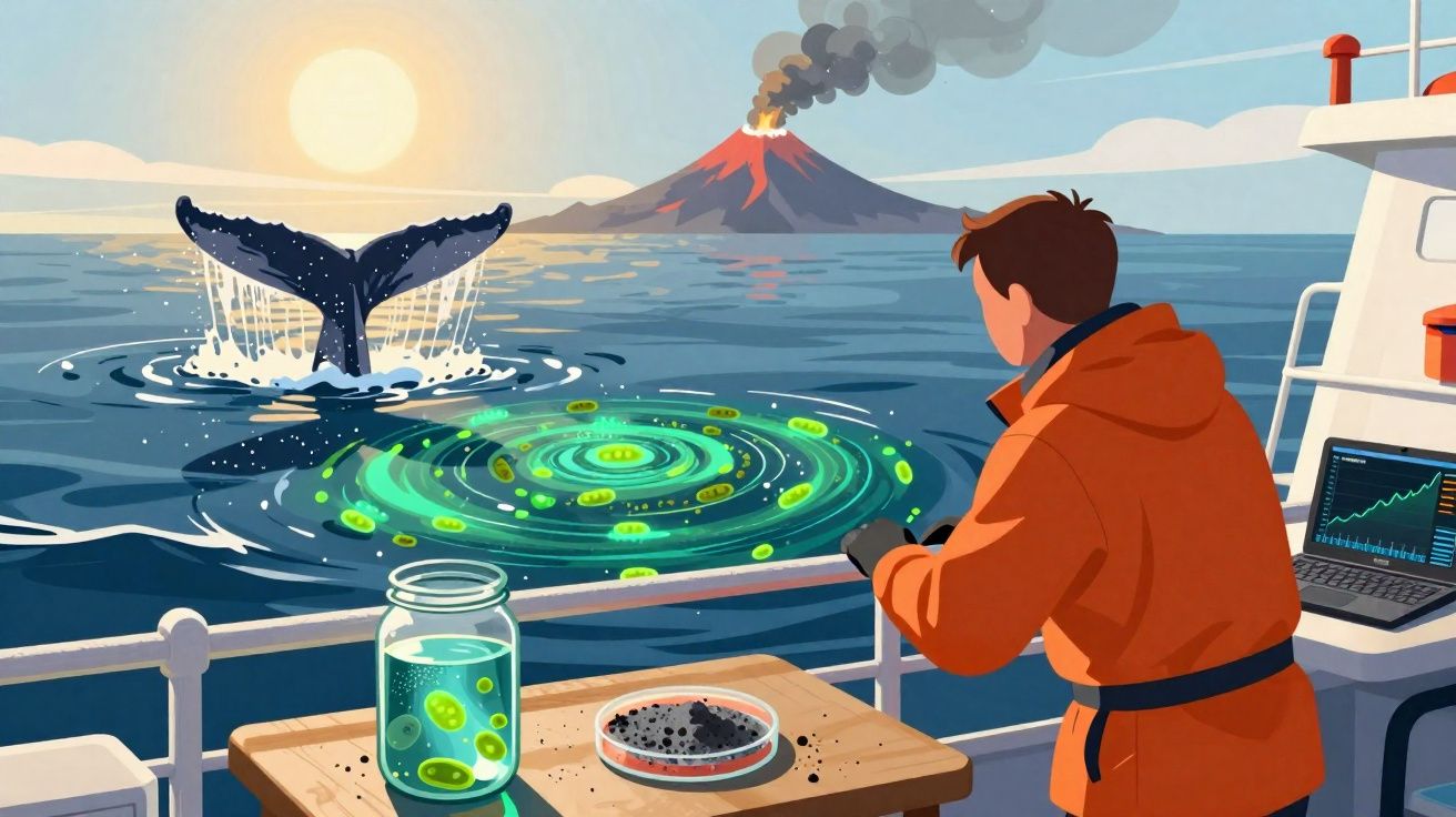 Pessoa observa baleia, vulcão em erupção e borrifo de microrganismos no mar durante o pôr do sol.