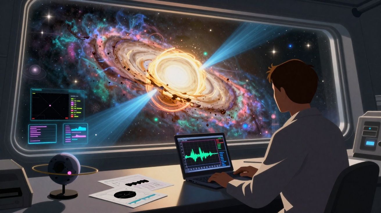 Pessoa em um observatório espacial analisando dados de uma galáxia brilhante e colorida pela janela.