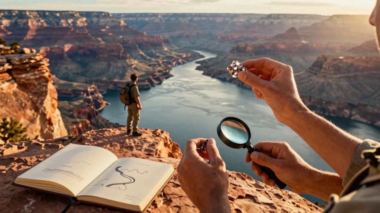 Pessoa segurando lupa e fóssil na borda de cânion, com caderno aberto e outra pessoa ao fundo.