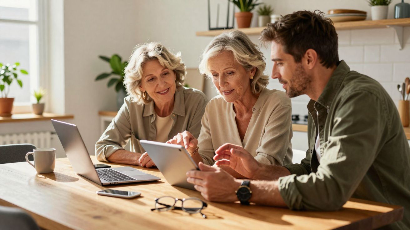 Três pessoas, duas mulheres idosas e um homem, usando tablet e laptop em uma mesa de madeira iluminada.