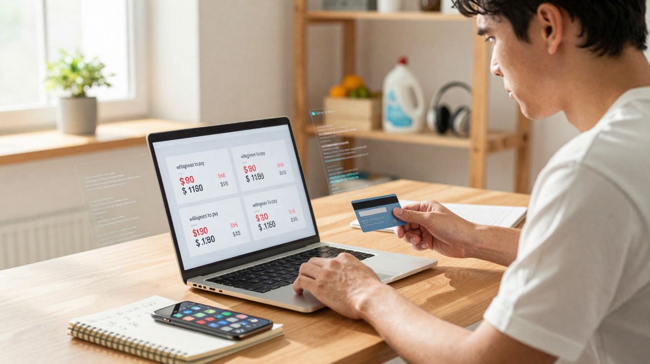 Pessoa fazendo compra online com cartão de crédito na frente de notebook em mesa de madeira.
