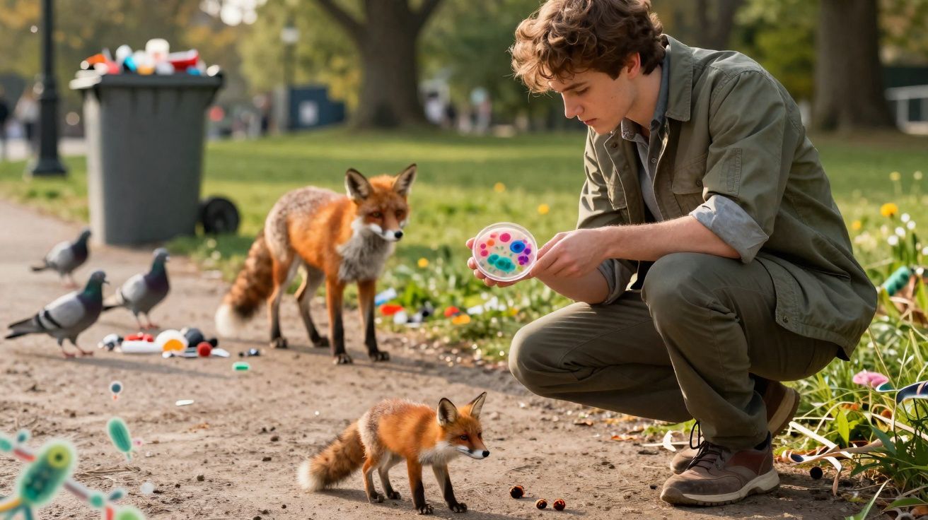 Jovem agachado em parque, segurando objeto colorido, observa duas raposas próximas no chão.