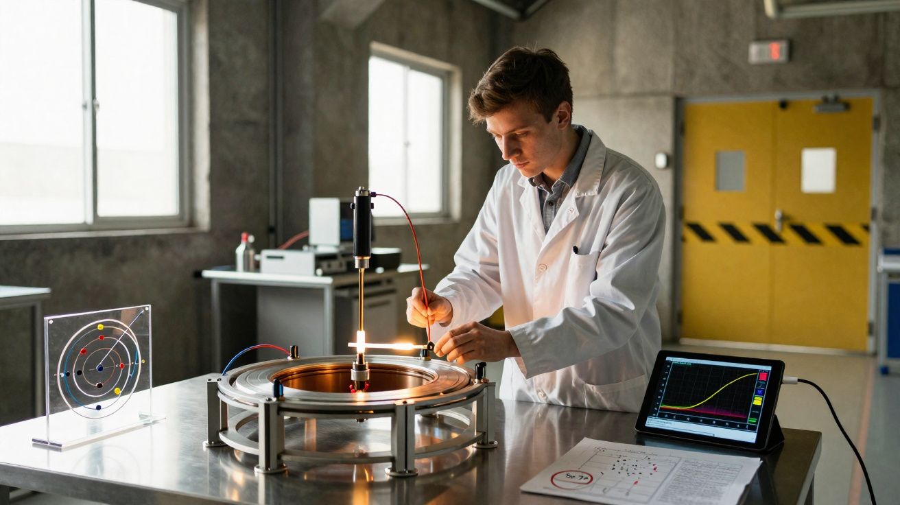 Cientista em jaleco ajusta equipamento tecnológico em laboratório com monitor e gráficos ao lado.