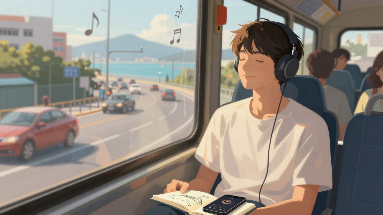 Jovem de camiseta branca ouvindo música com fones em ônibus, olhando pela janela para a rua e o mar.