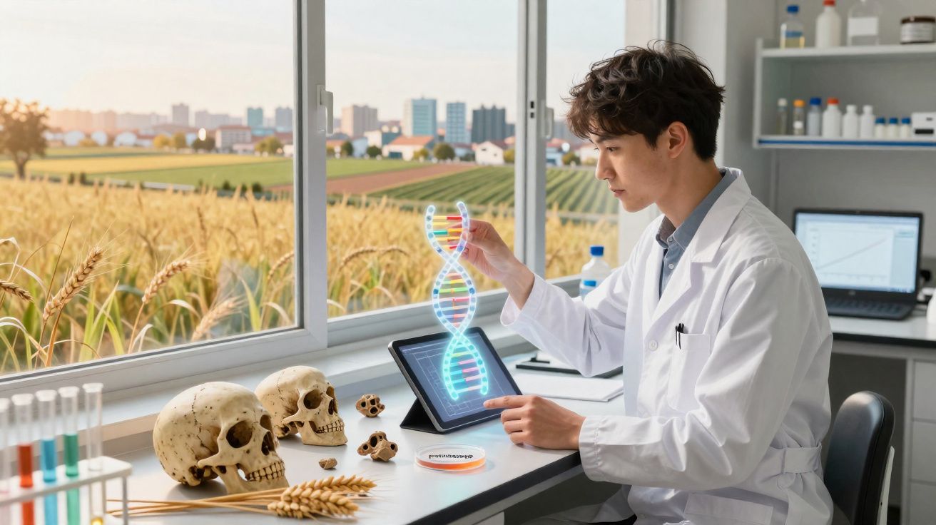 Cientista em laboratório analisa modelo holográfico de DNA com crânios e campo de trigo ao fundo.