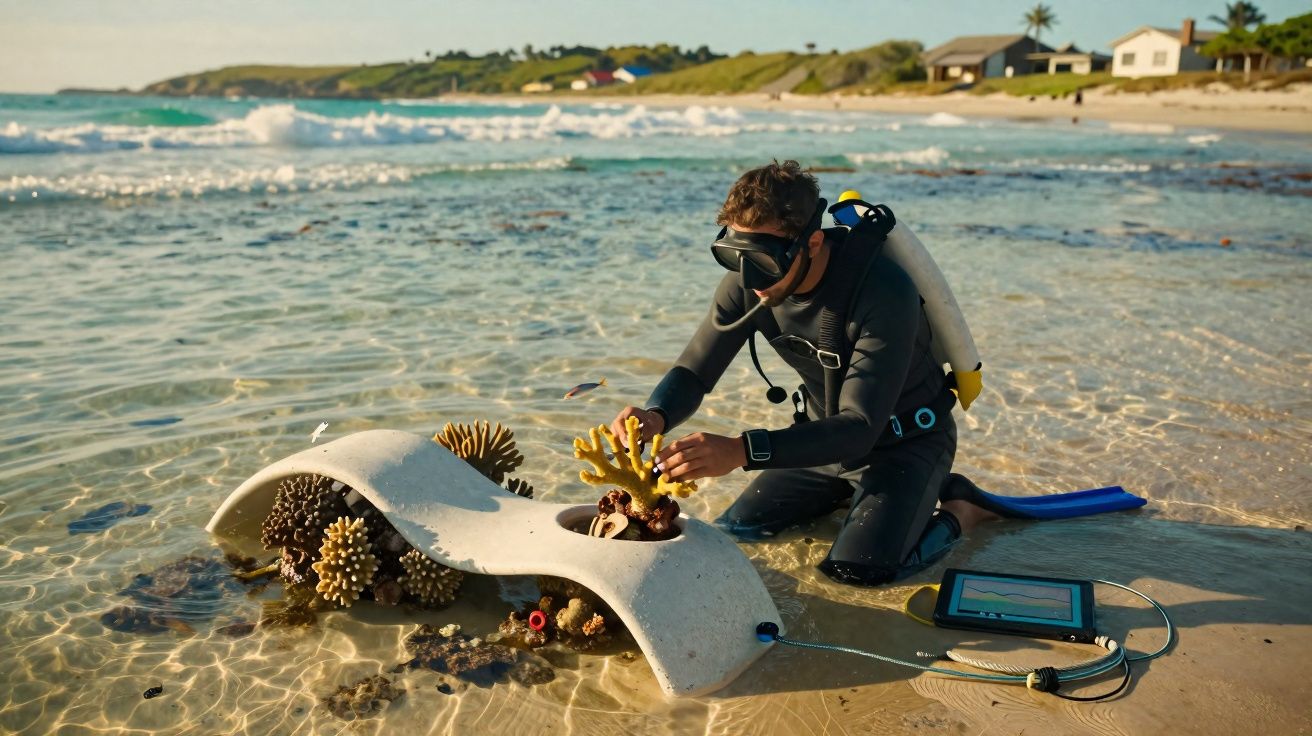 Mergulhador em roupa de neoprene instala recife artificial com corais em área rasa próxima à praia.