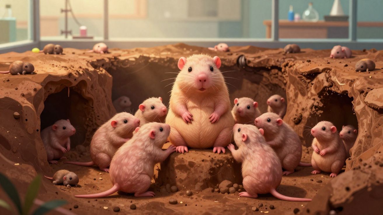 Grupo de ratos em tocas de terra em ambiente de laboratório, com um maior centralizado.