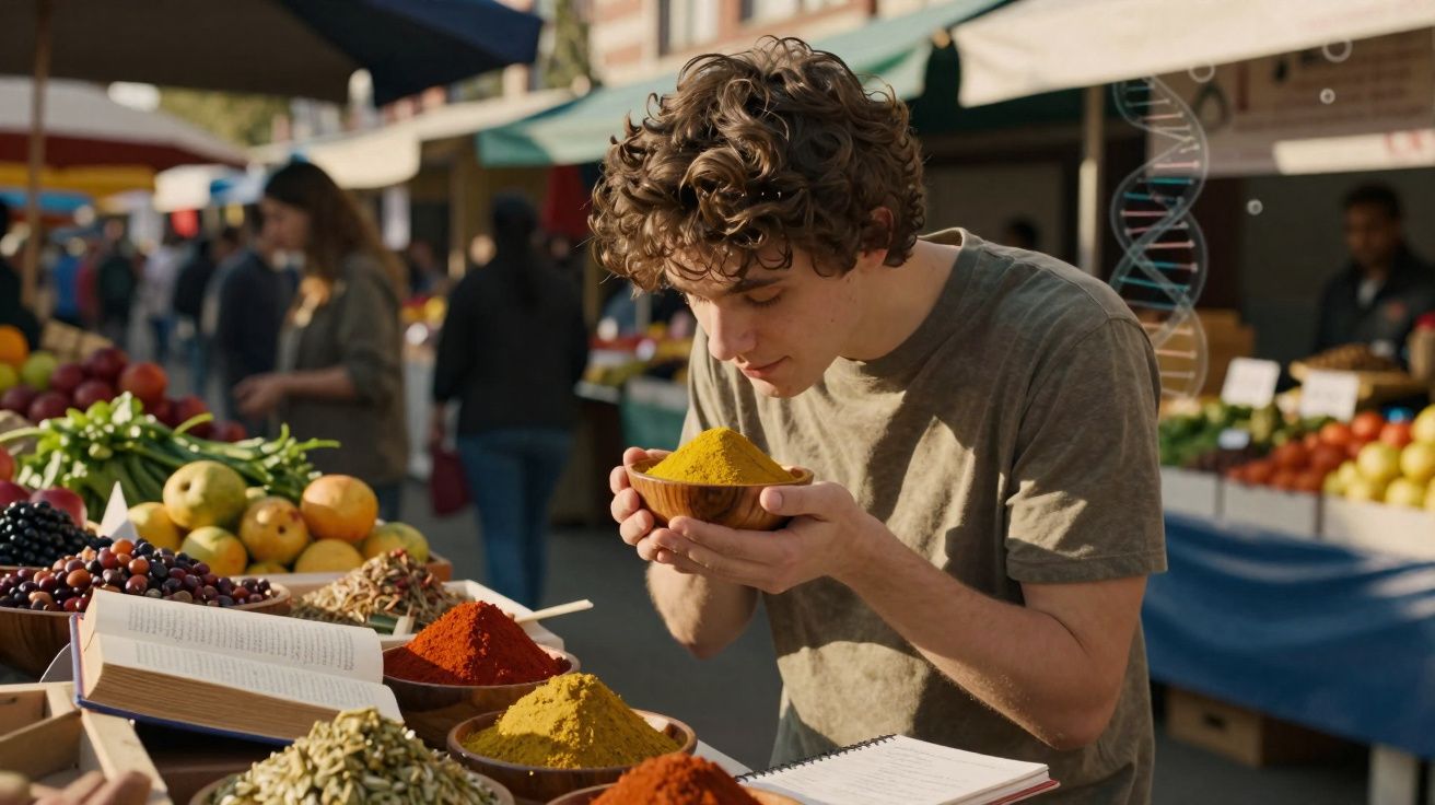 Jovem cheirando especiaria amarela em feira ao ar livre com frutas e temperos ao redor.