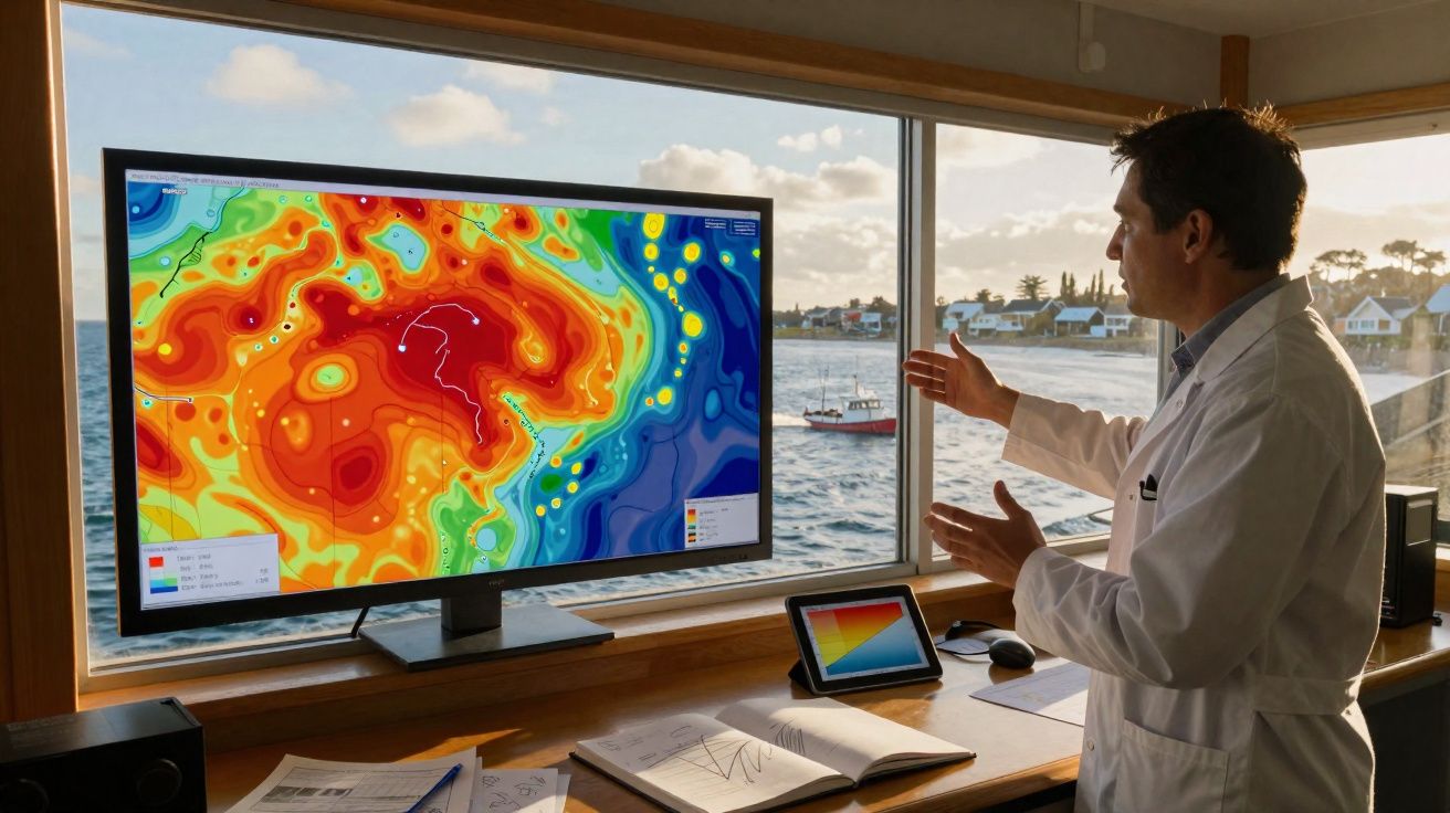 Homem de jaleco observa mapas coloridos de dados oceanográficos em tela diante da janela com vista para o mar.