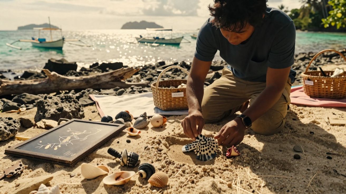Homem sentado na areia da praia organizando conchas e objetos decorativos à beira-mar com barcos ao fundo.