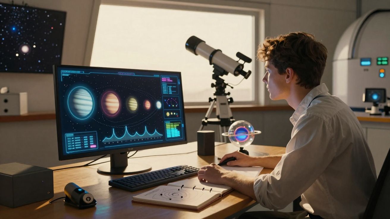 Jovem observando dados de planetas no computador, com telescópio e livros de astronomia em mesa.