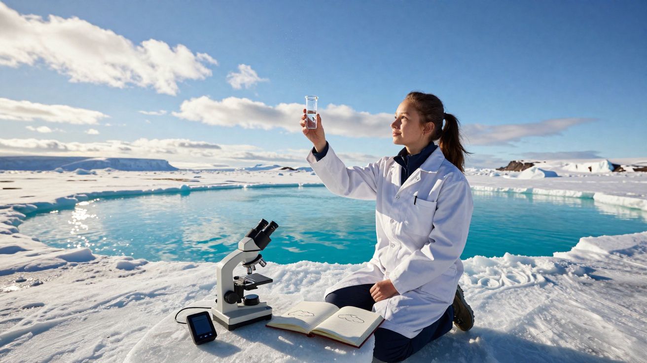 Cientista em roupa branca analisa amostra de água em lago congelado na Antártida, com microscópio e caderno aberto.
