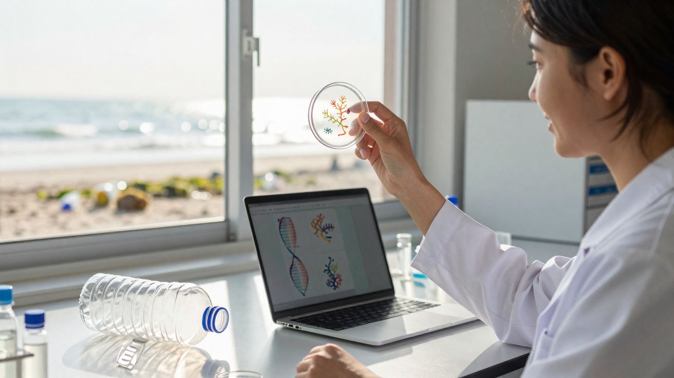 Pesquisadora observa cultura em placa de Petri com imagens de DNA no laptop em laboratório próximo à praia.