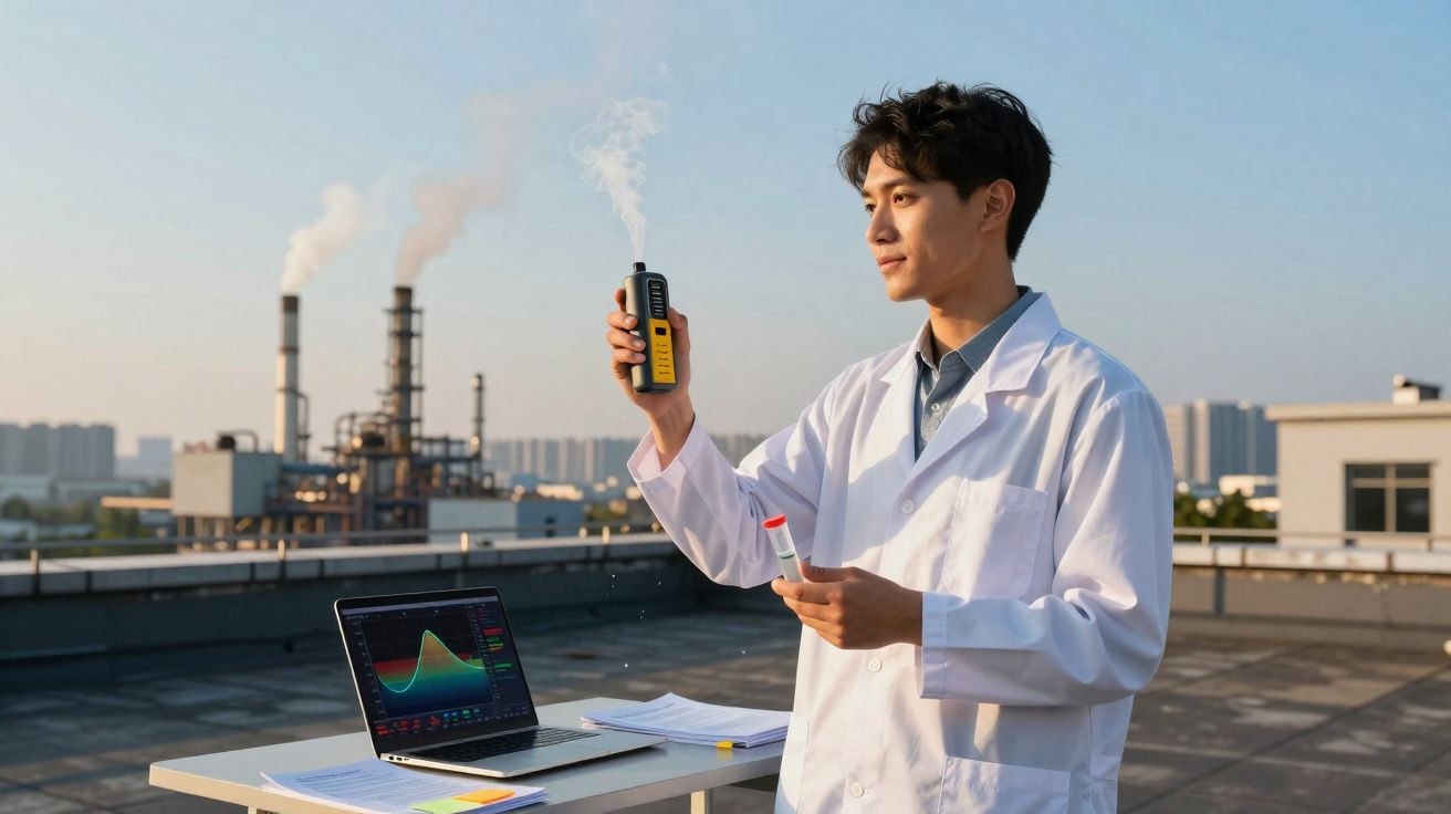 Cientista em jaleco branco mede emissão de fumaça com equipamento no terraço próximo a fábrica poluidora.