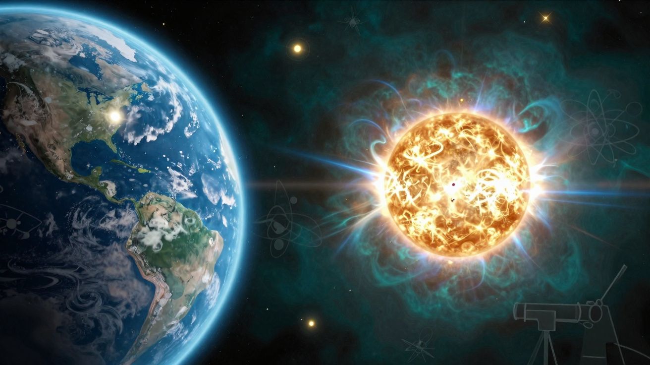 Planeta Terra à esquerda e um sol brilhante com energia ao redor no espaço à direita.