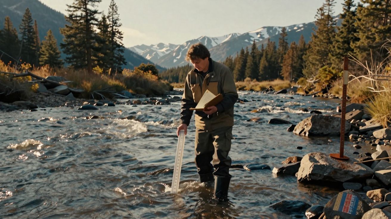 Homem mede volume de água em rio com montanhas e árvores ao fundo em dia ensolarado.