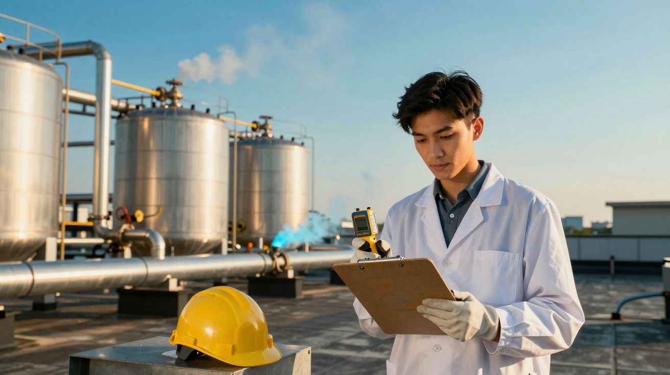 Engenheiro em jaleco branco examinando dados em prancheta em instalação industrial com tanques metálicos ao fundo.