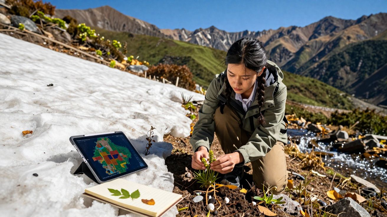 Jovem cientista analisa planta na montanha com neve, tablet e caderno ao lado em ambiente natural.
