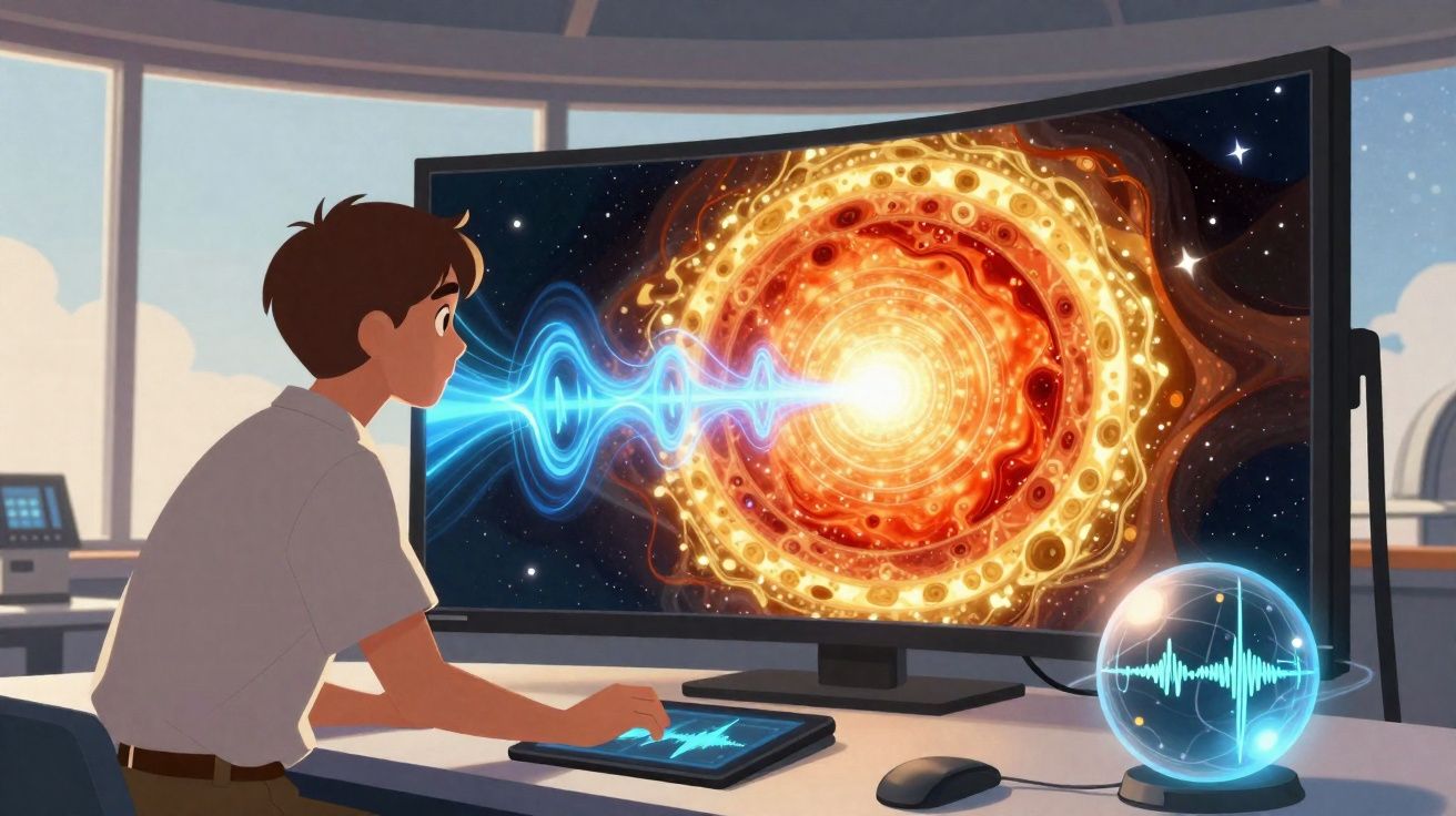 Jovem analisa ondas sonoras emitidas por estrela em tela e holograma em laboratório futurista.
