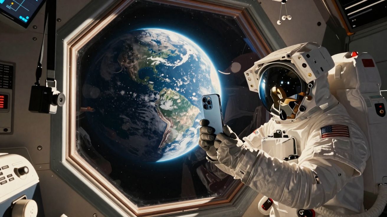 Astronauta com traje espacial tirando selfie com smartphone na estação espacial com a Terra ao fundo.