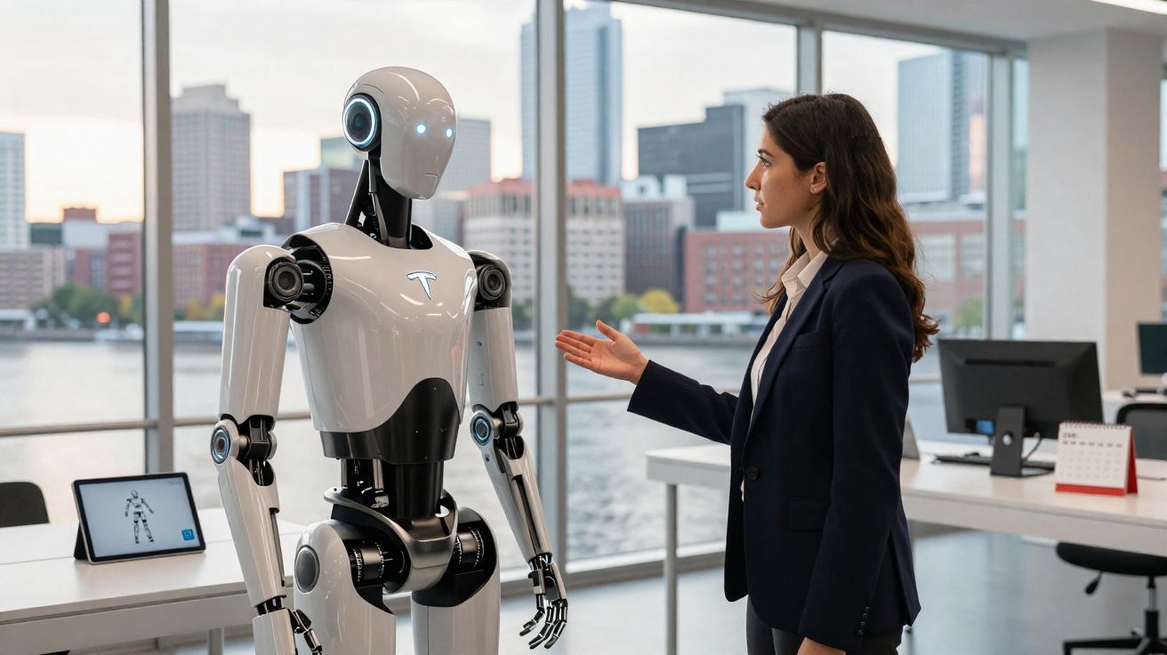 Mulher de negócios interage com robô humanóide em escritório moderno com vista para a cidade.