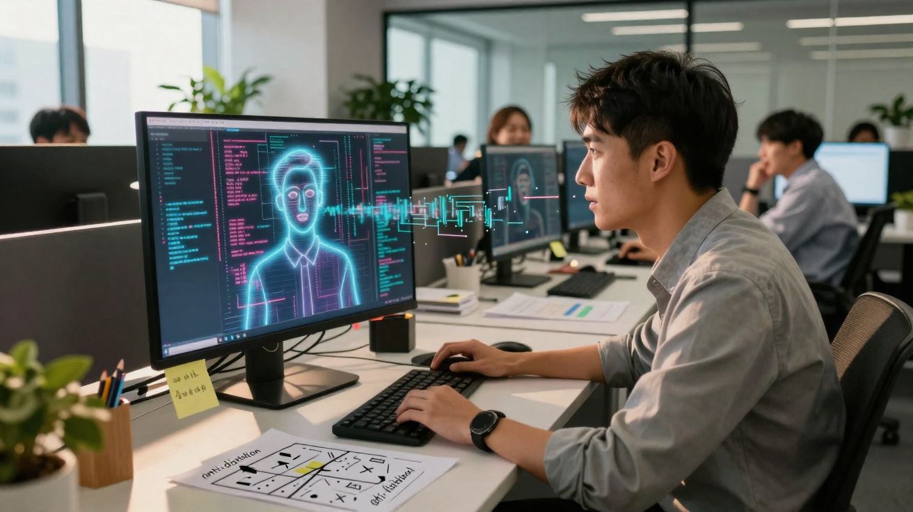 Jovem trabalhando com reconhecimento facial em computador em escritório moderno e iluminado.