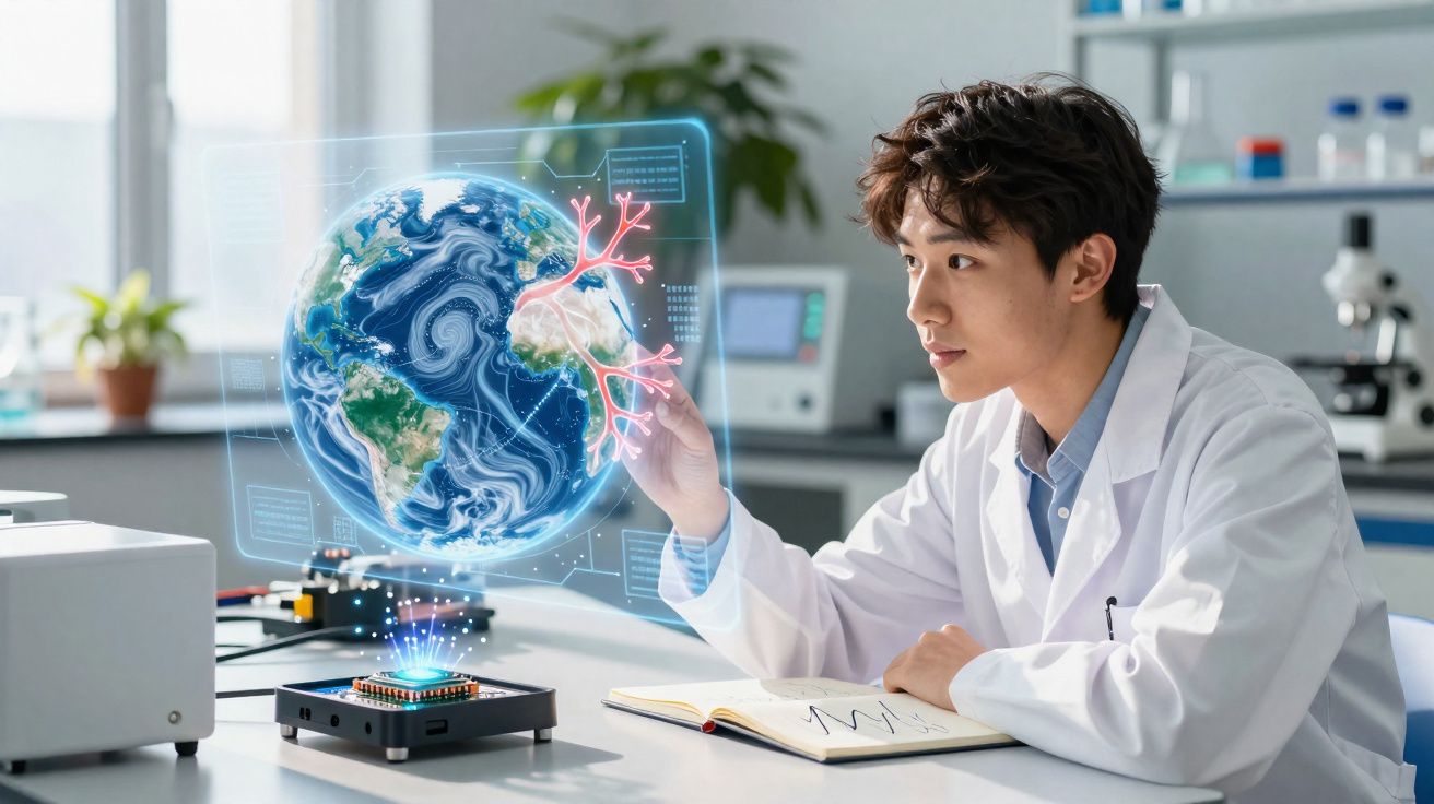 Cientista em laboratório interage com holograma do planeta Terra com dados científicos.