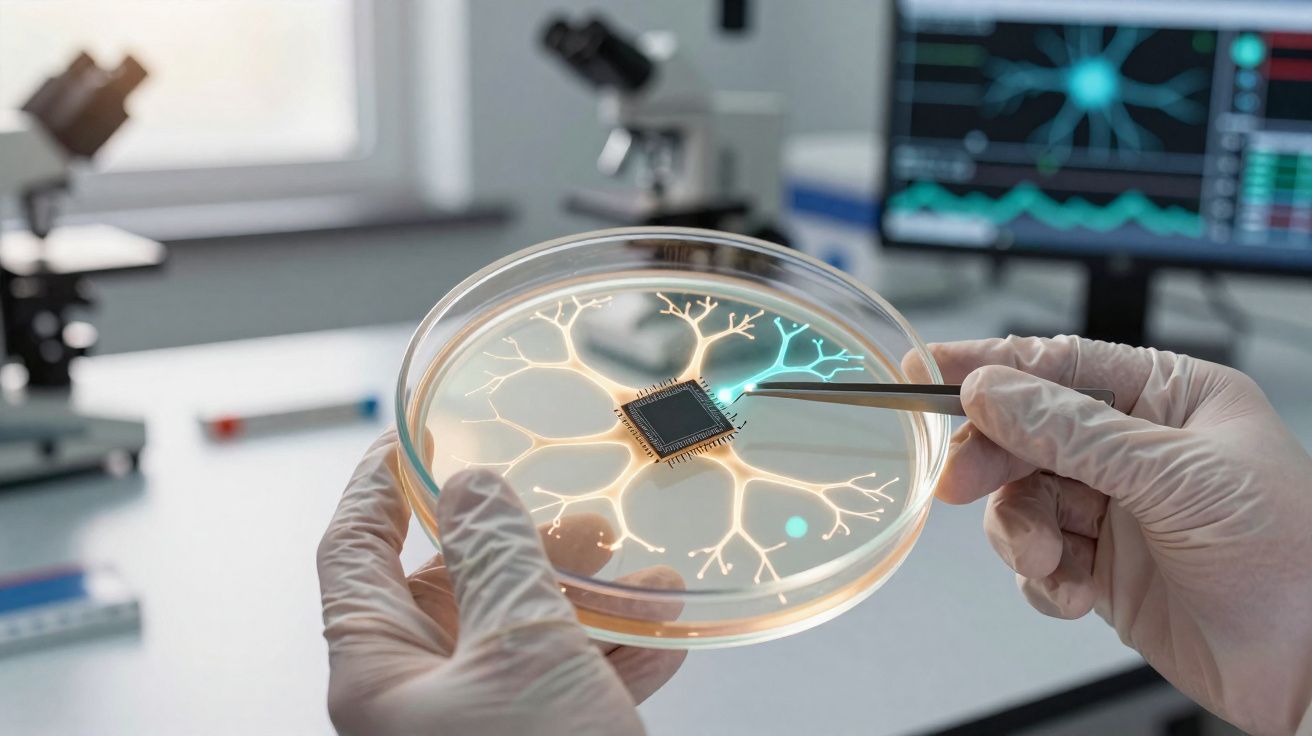 Mãos com luvas seguram placa eletrônica em prato de cultura com rede luminosa, em laboratório moderno.