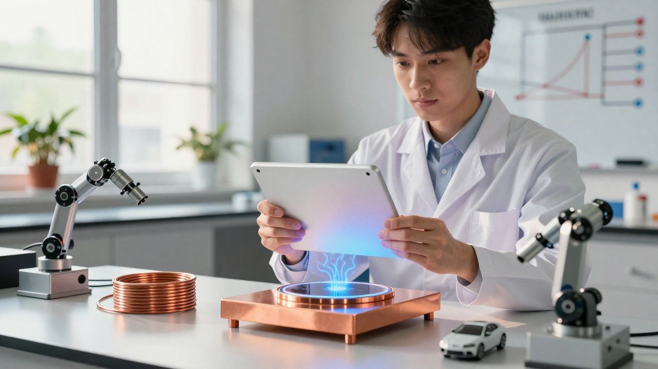 Cientista jovem em laboratório controlando projeção holográfica com tablet e equipamentos tecnológicos modernos.