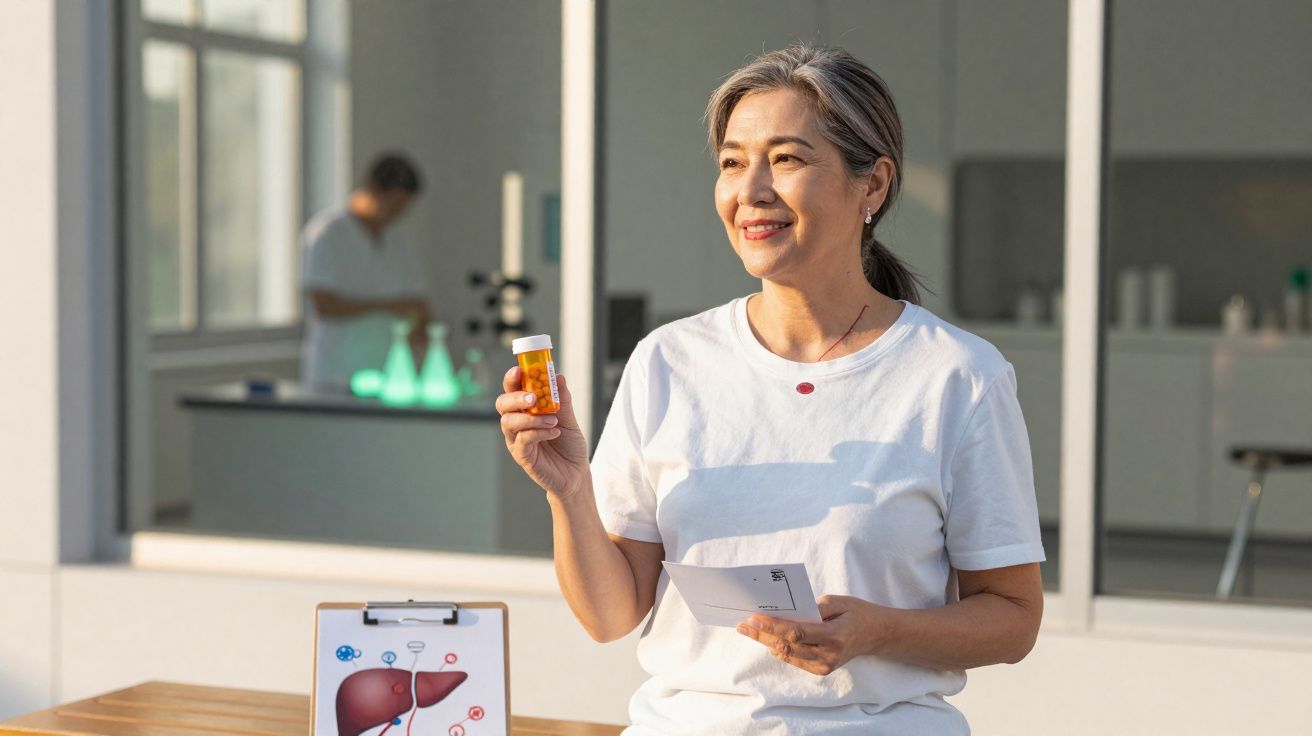 Mulher segurando remédio com gráfico do fígado em mesa, em ambiente claro e sorridente.