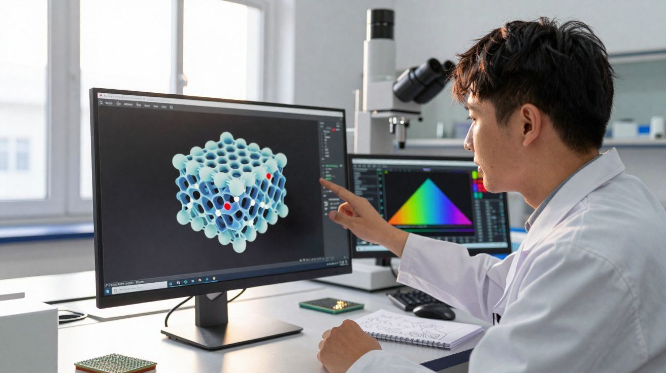 Pesquisador analisa modelo 3D de estrutura molecular em tela de computador em laboratório moderno.